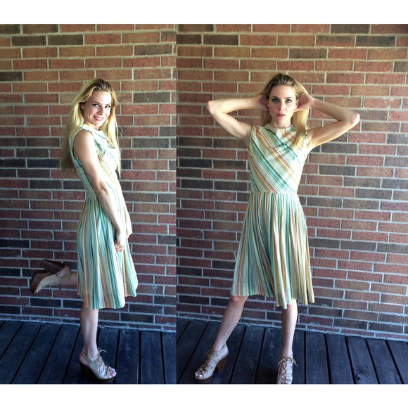 vintage 60s GREEN ORANGE diagonal striped Mod DRESS Small full skirt indie retro - Picture 7 of 10